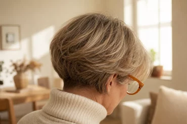 Gestufter Bob ab 60 mit auffälliger Brille im Seitenprofil