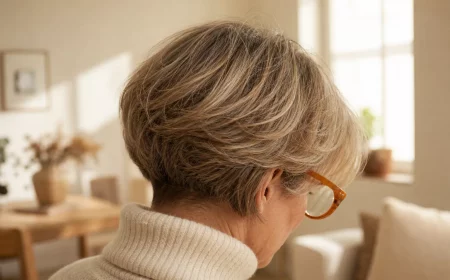 Gestufter Bob ab 60 mit auffälliger Brille im Seitenprofil