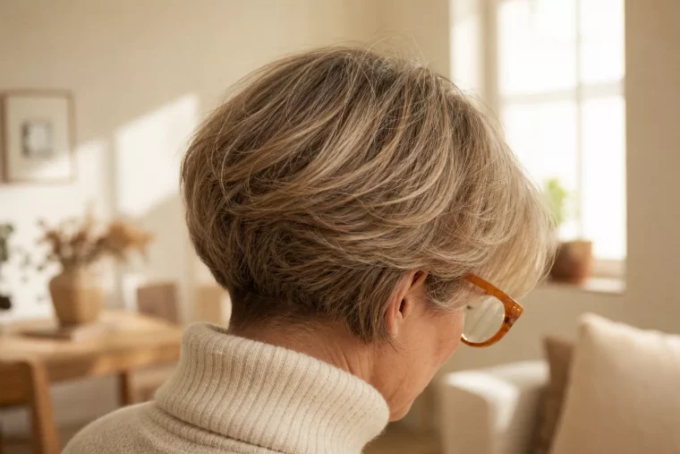 Gestufter Bob ab 60 mit auffälliger Brille im Seitenprofil