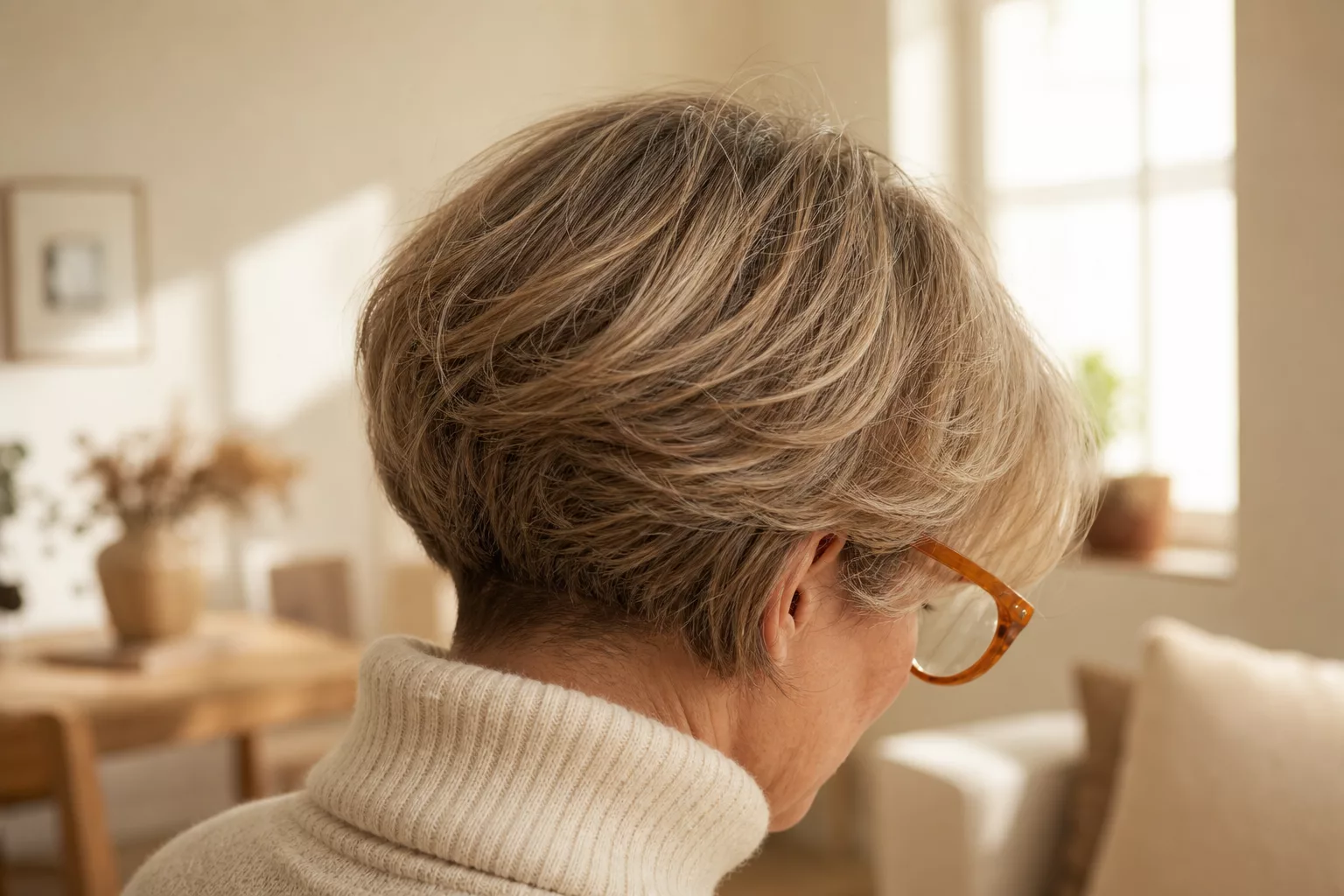 Gestufter Bob ab 60 mit auffälliger Brille im Seitenprofil