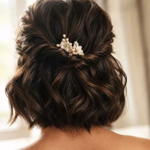 Bob-Frisuren Hochzeit: Hinterkopf mit elegantem Twist und Perlenschmuck