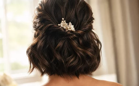 Bob-Frisuren Hochzeit: Hinterkopf mit elegantem Twist und Perlenschmuck