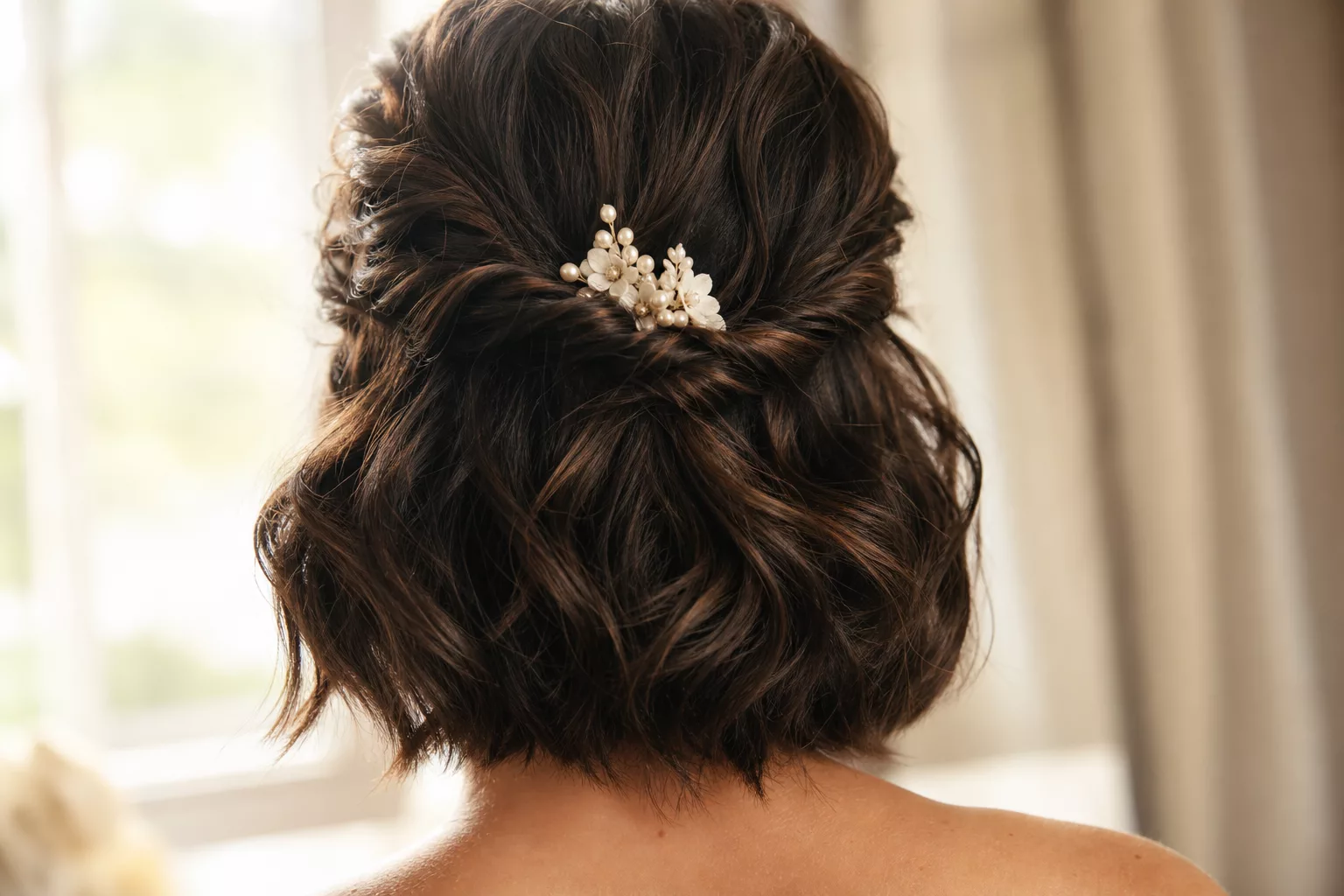 Bob-Frisuren Hochzeit: Hinterkopf mit elegantem Twist und Perlenschmuck