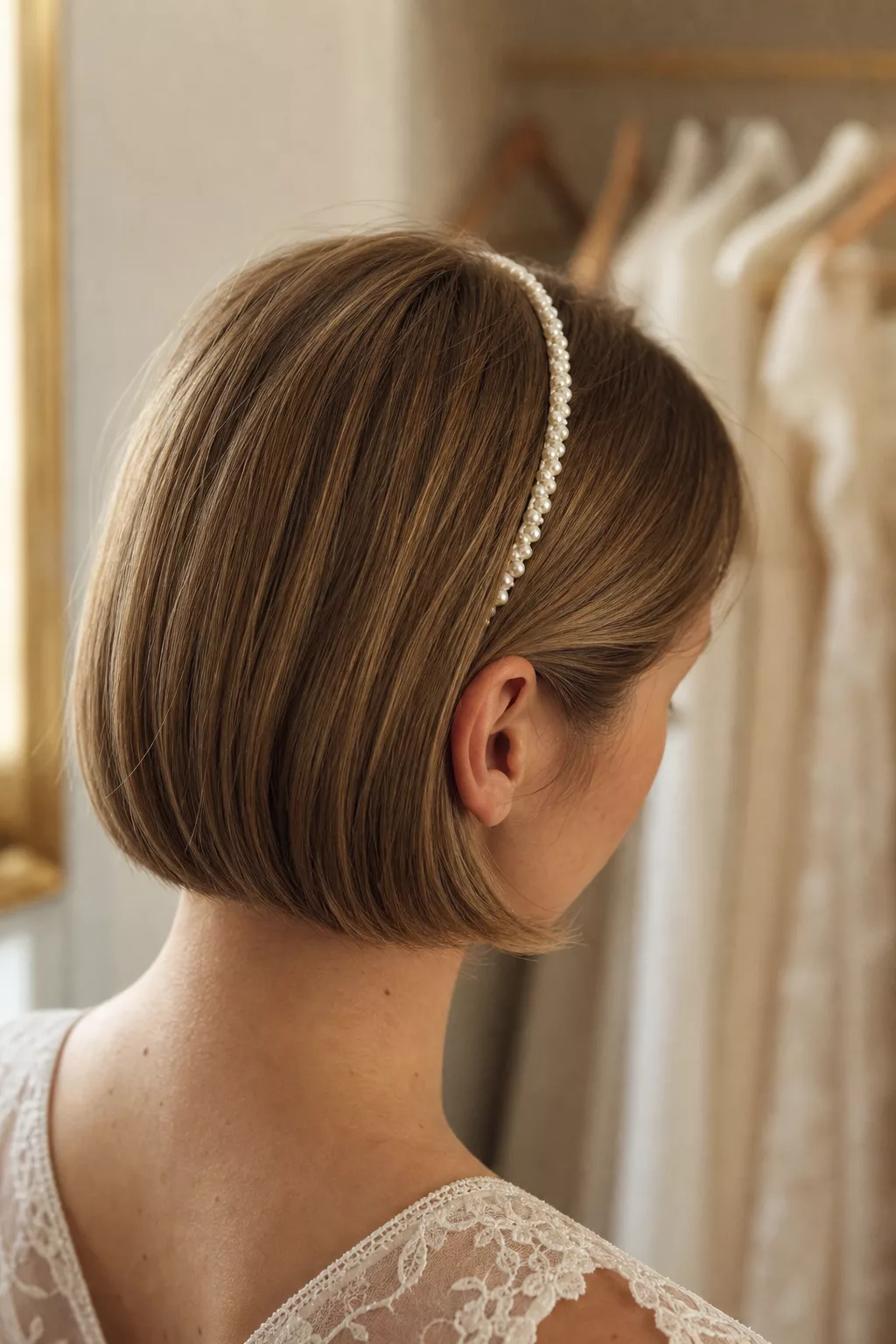 Bob-Frisuren Hochzeit mit Perlen-Haarreif im Seitenprofil