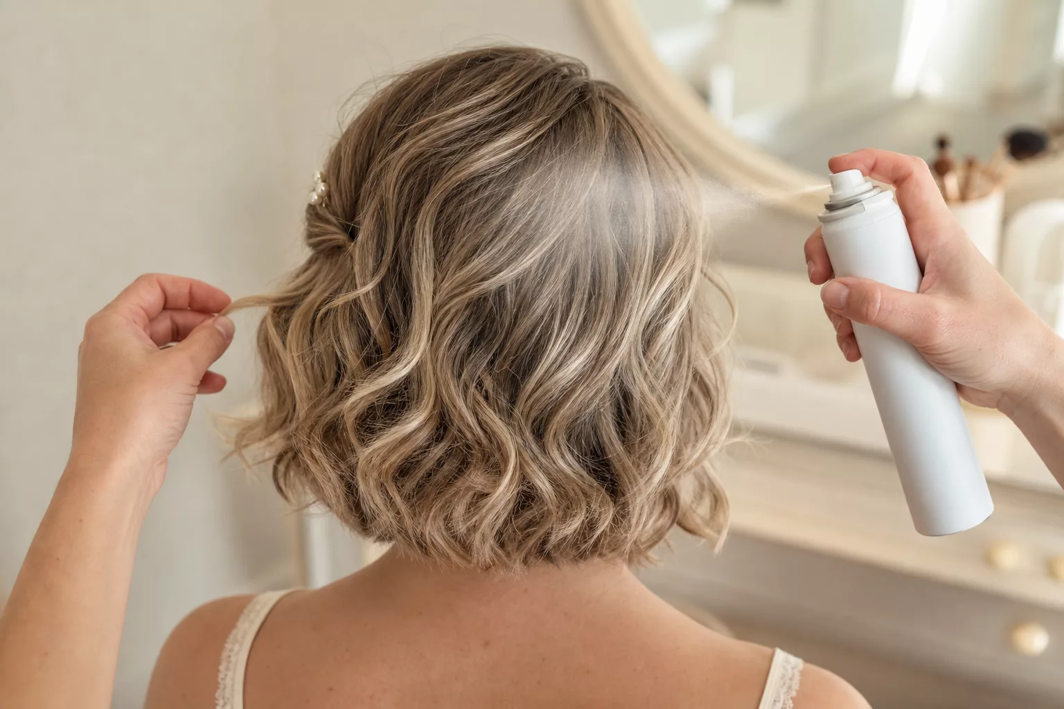 Hände fixieren einen gestylten Bob mit Haarspray