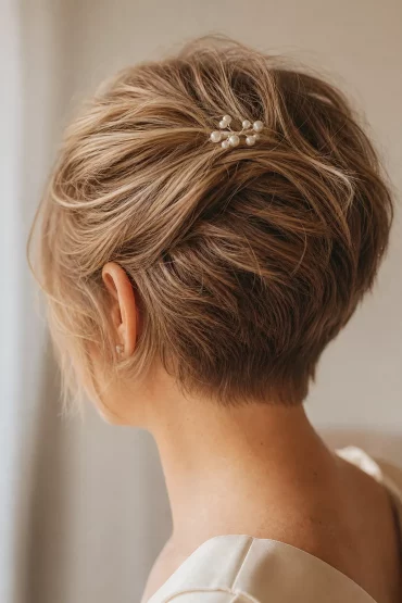 Kurzer Stacked Bob elegant hochgesteckt von hinten