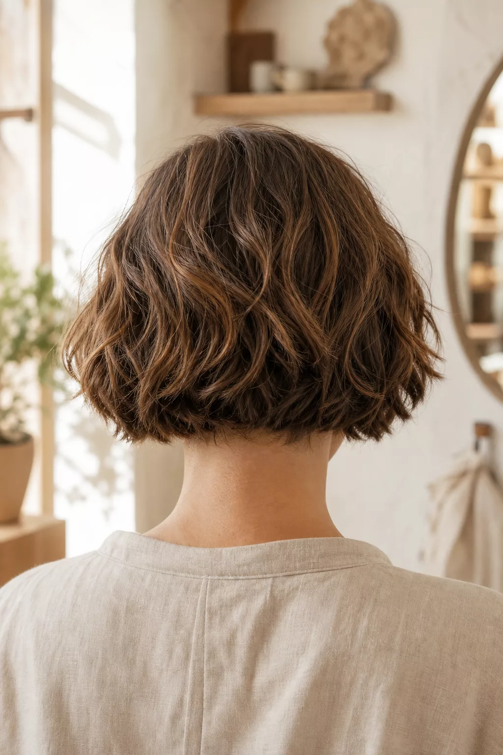 Gewellte Textur eines ohrlangen Bobs, Nahaufnahme von hinten