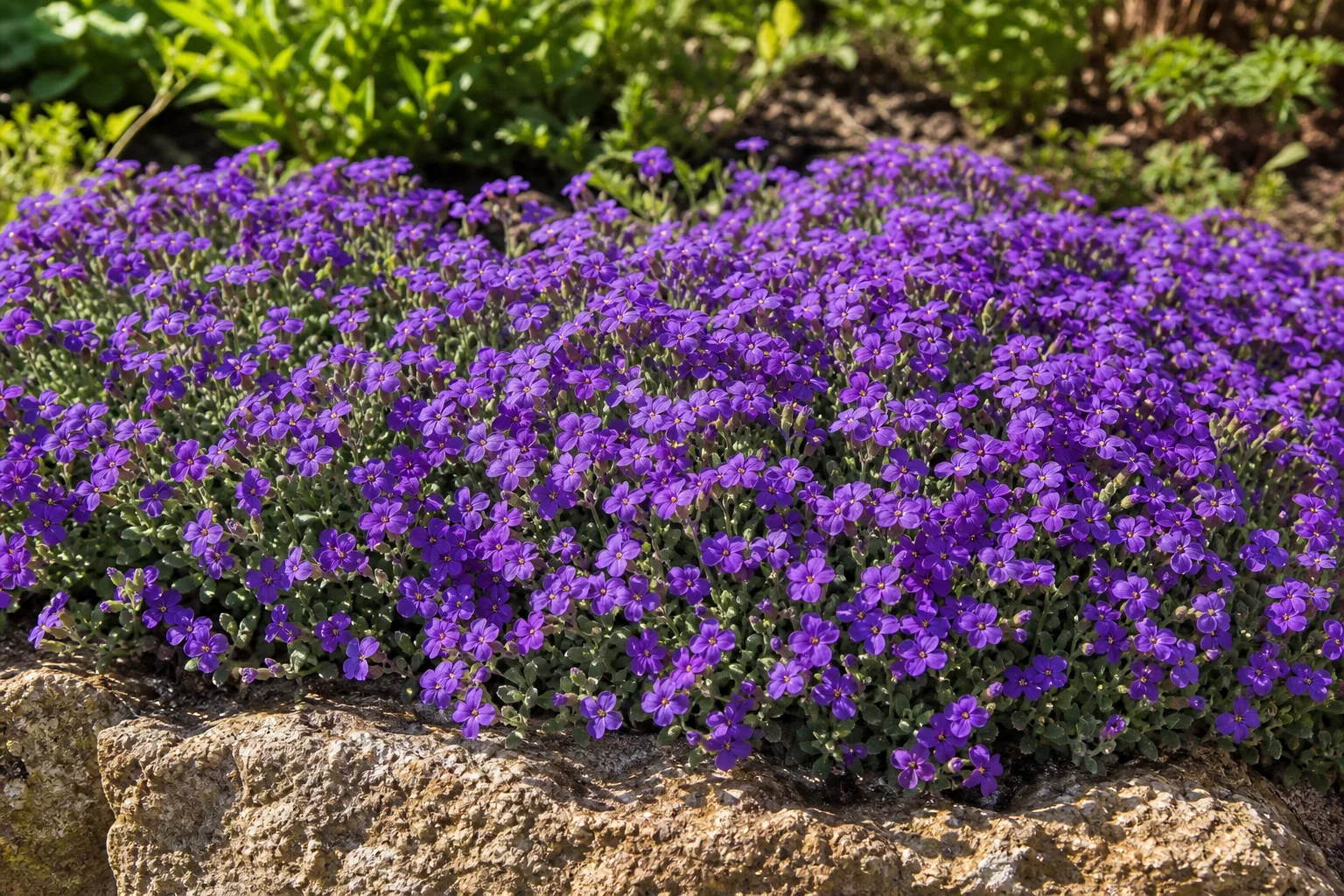 Dichtes violett blühendes Blaukissen als schnellwachsender Bodendecker