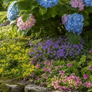 Verschiedenfarbiger Bodendecker unter blühender Hortensie im Gartenbeet