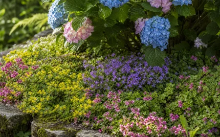 Verschiedenfarbiger Bodendecker unter blühender Hortensie im Gartenbeet