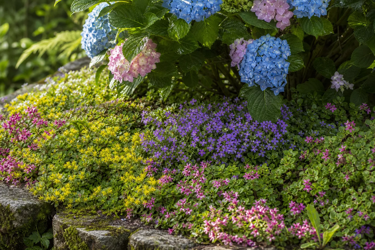 Verschiedenfarbiger Bodendecker unter blühender Hortensie im Gartenbeet