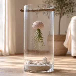 Große Glas-Bodenvase dekorieren mit hängender Tillandsien-Qualle und Sand