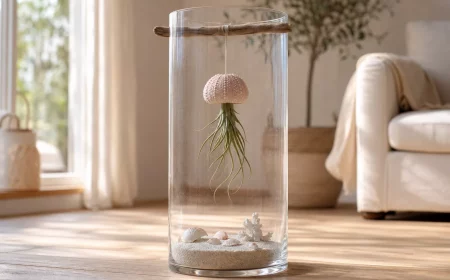 Große Glas-Bodenvase dekorieren mit hängender Tillandsien-Qualle und Sand