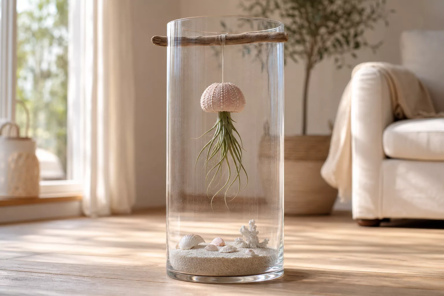 Große Glas-Bodenvase dekorieren mit hängender Tillandsien-Qualle und Sand