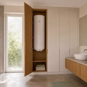Modernes Badezimmer mit Boiler verstecken im offenen Holzschrank