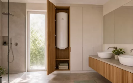 Modernes Badezimmer mit Boiler verstecken im offenen Holzschrank
