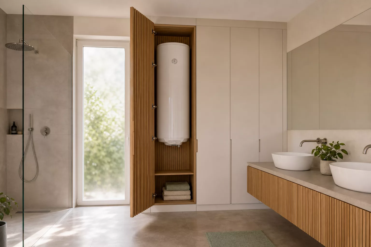 Modernes Badezimmer mit Boiler verstecken im offenen Holzschrank
