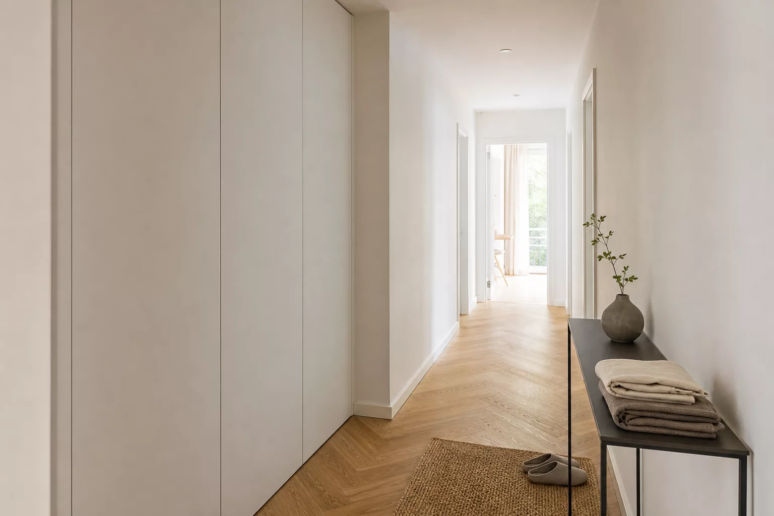 Geschlossener Schrank verbirgt Homeoffice im Flur