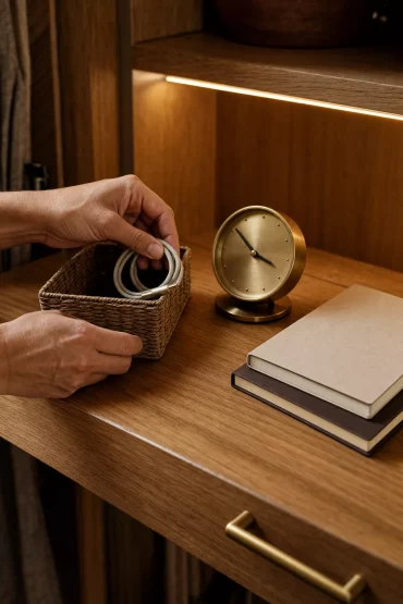 Materialdetail Schreibtischplatte aus Holz im Schrank