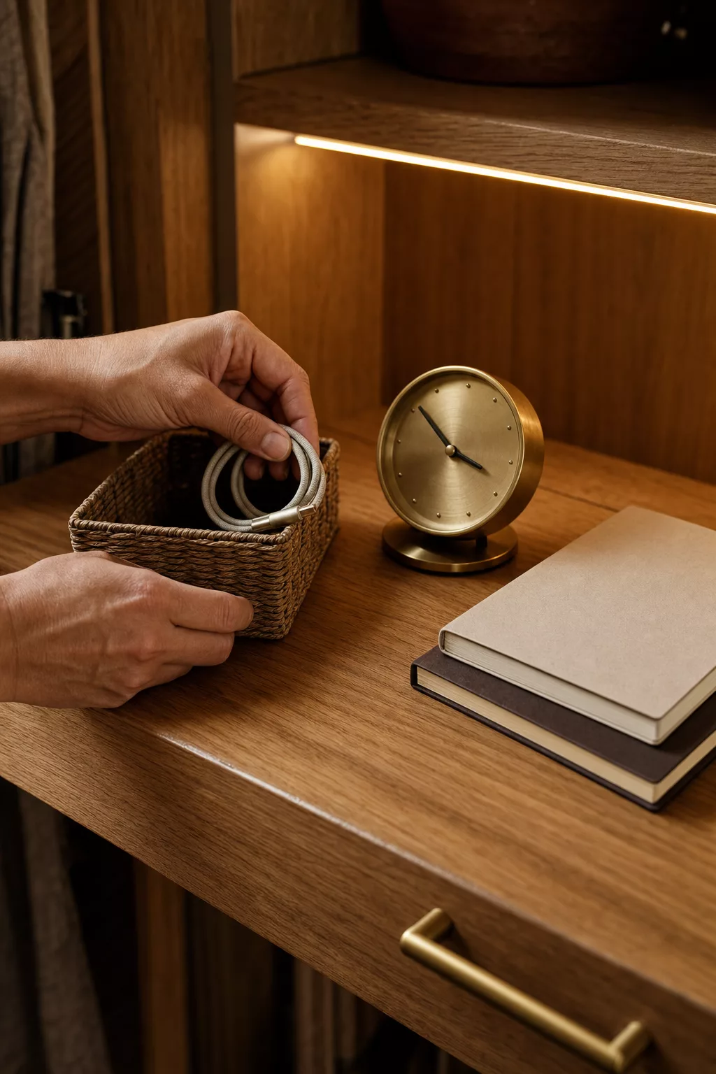 Materialdetail Schreibtischplatte aus Holz im Schrank