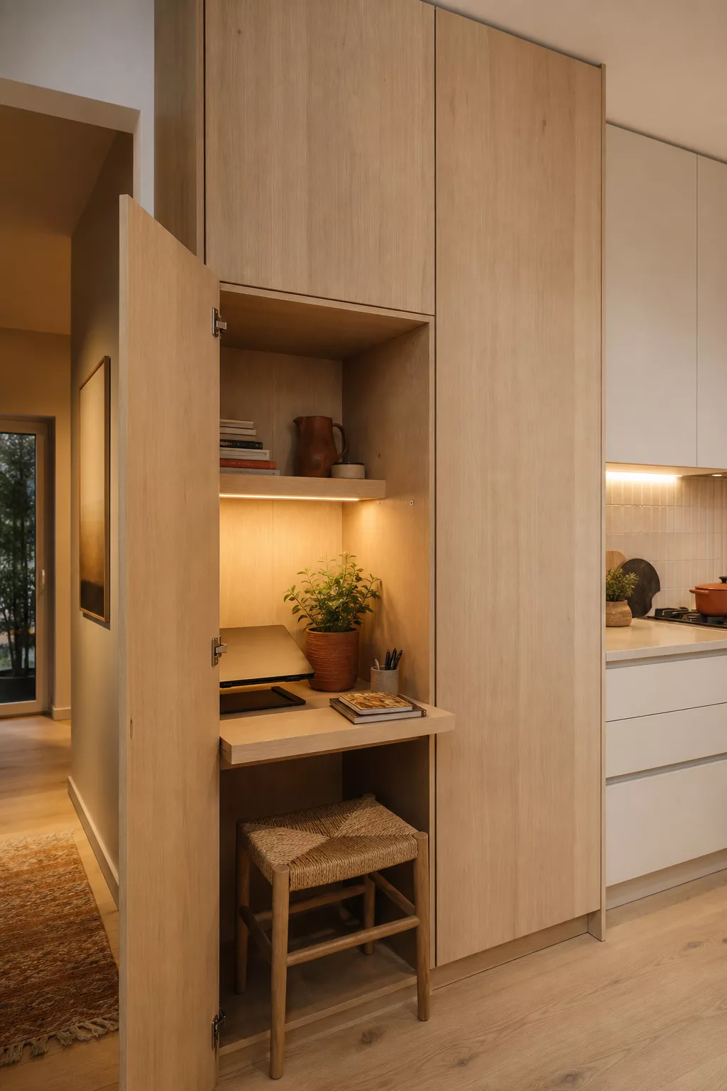 Kompakter Mini-Arbeitsplatz im Küchenschrank versteckt