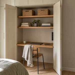 Büro-Arbeitsplatz clever im offenen Schrank versteckt
