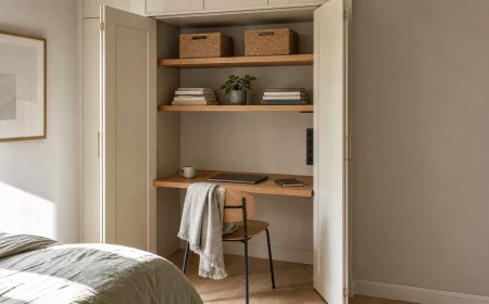 Büro-Arbeitsplatz clever im offenen Schrank versteckt