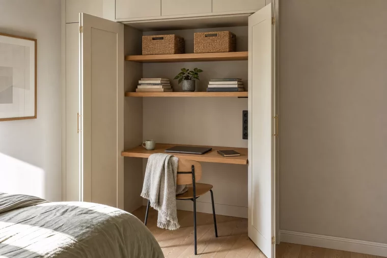 Büro-Arbeitsplatz clever im offenen Schrank versteckt