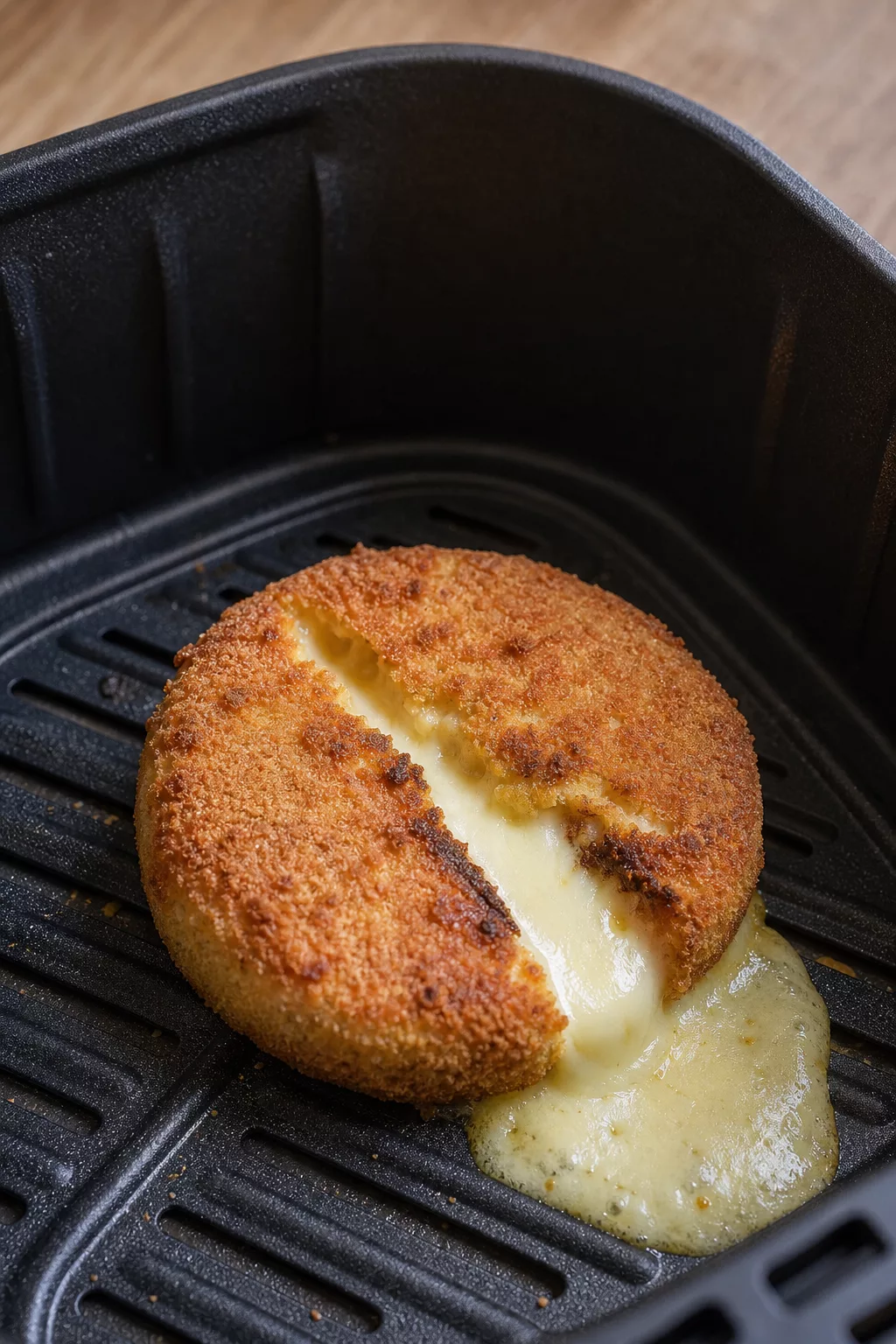 Panierter Camembert in der Heißluftfritteuse mit aufgeplatzter Kruste und ausgelaufenem Käse
