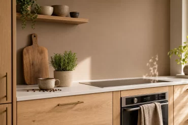 Cappuccino Wandfarbe kombiniert mit Holzfronten in der Küche
