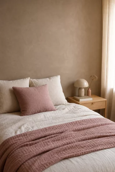Schlafzimmer mit Cappuccino Wand und altrosa Textilien