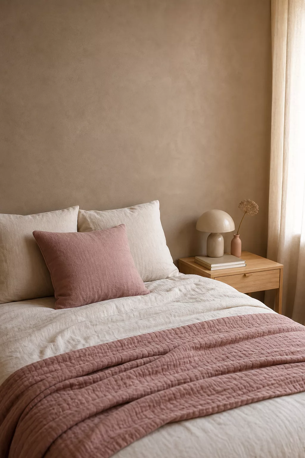 Schlafzimmer mit Cappuccino Wand und altrosa Textilien