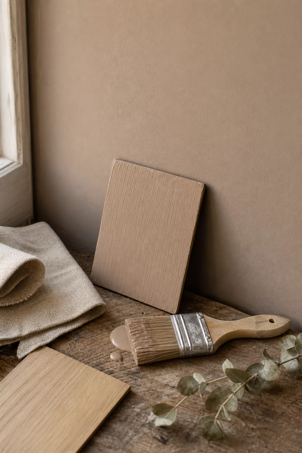 Wandfarbe in Cappuccino-Ton mit Pinsel und Materialproben