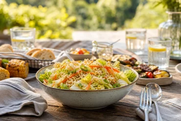 Chinakohlsalat als Beilage auf gedecktem Gartentisch serviert