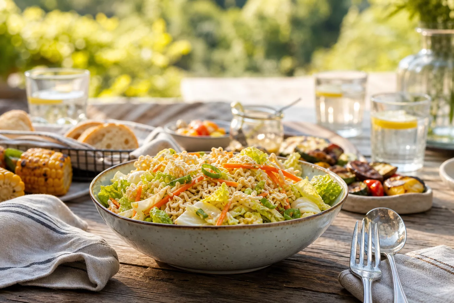 Chinakohlsalat als Beilage auf gedecktem Gartentisch serviert
