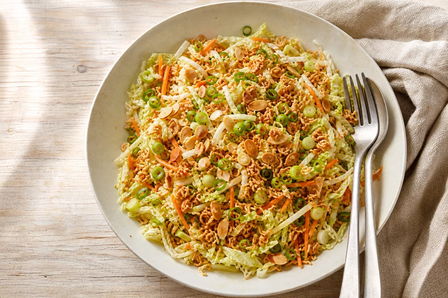 Friss-dich-dumm Salat mit Chinakohl und knusprigen Ramen-Nudeln in Schüssel