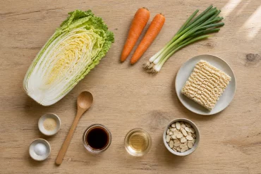 Zutaten für Chinakohlsalat mit Ramen-Nudeln als Flatlay