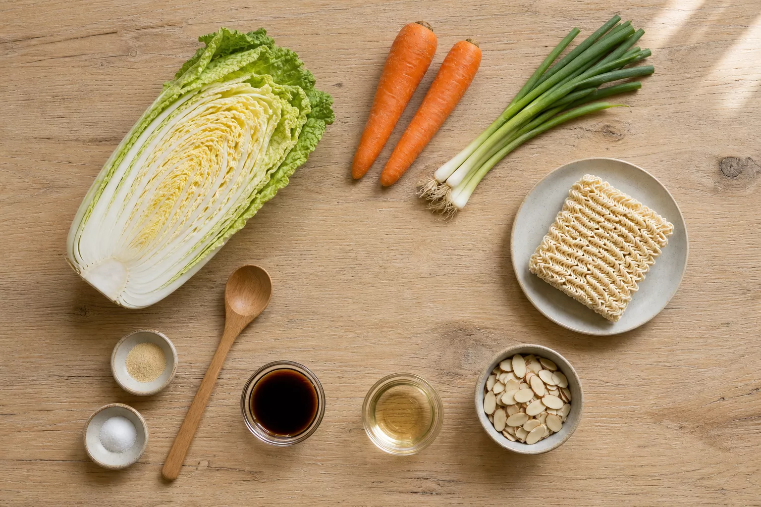 Zutaten für Chinakohlsalat mit Ramen-Nudeln als Flatlay