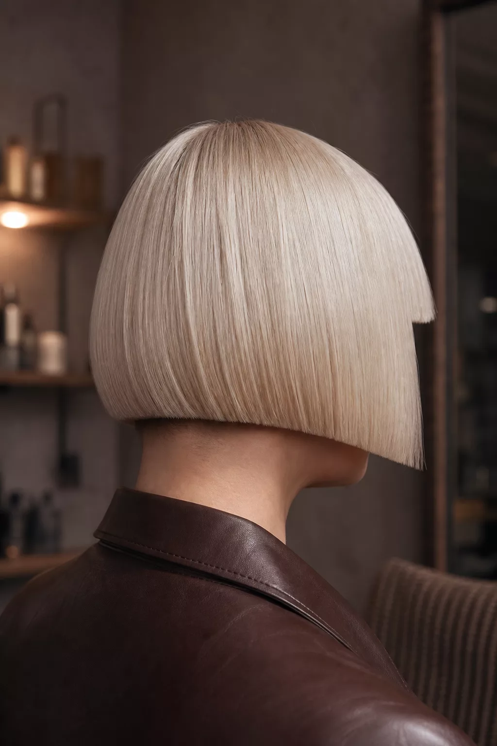 Kantiger Christy Cut in Hellblond mit dickem Pony, Seitenansicht
