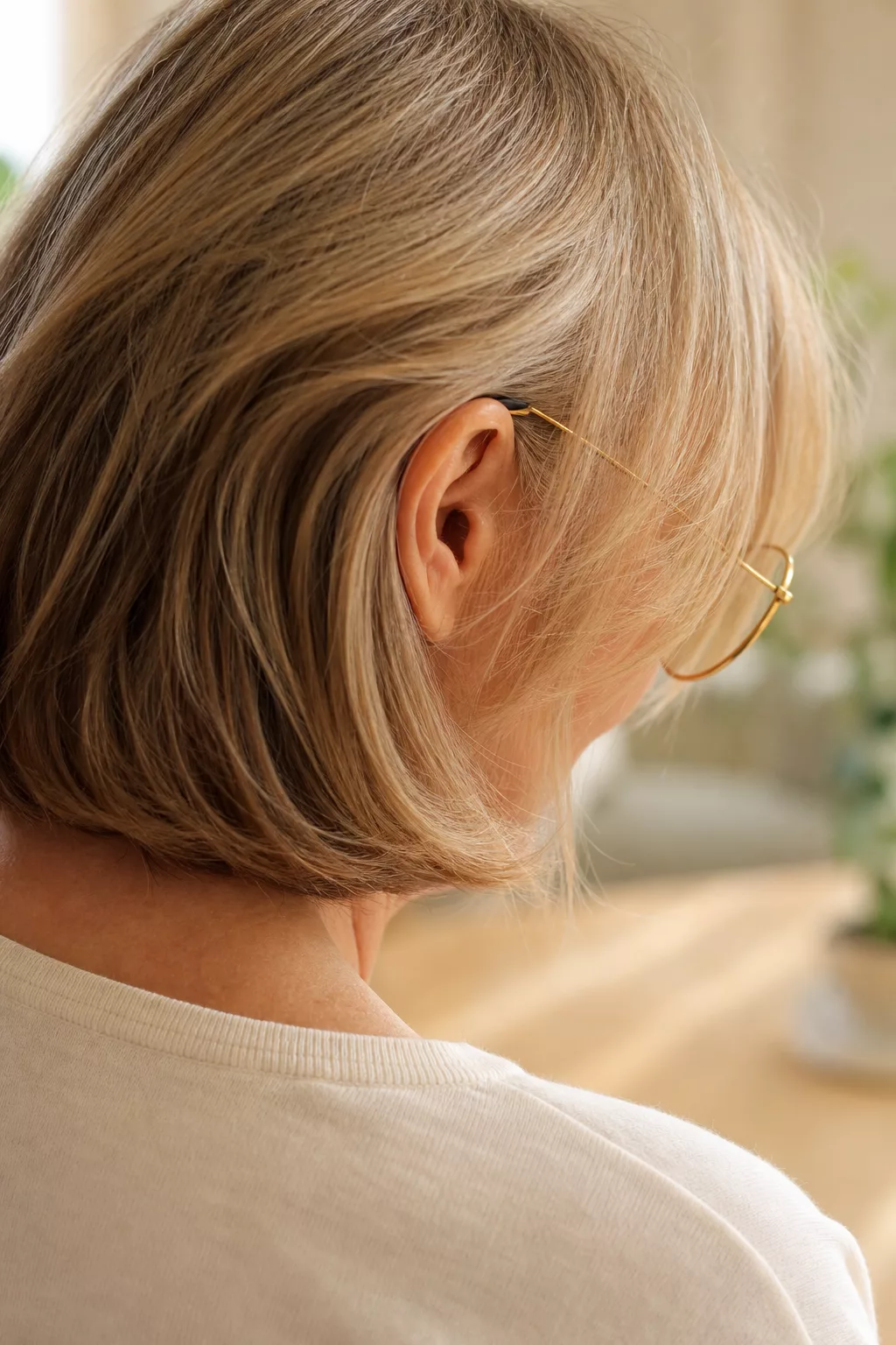 Curtain-Bangs-Bob in Blond mit runder, feiner Brille