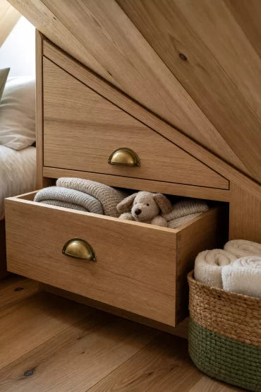 Eingebauter Stauraum unter der Dachschräge am Bett