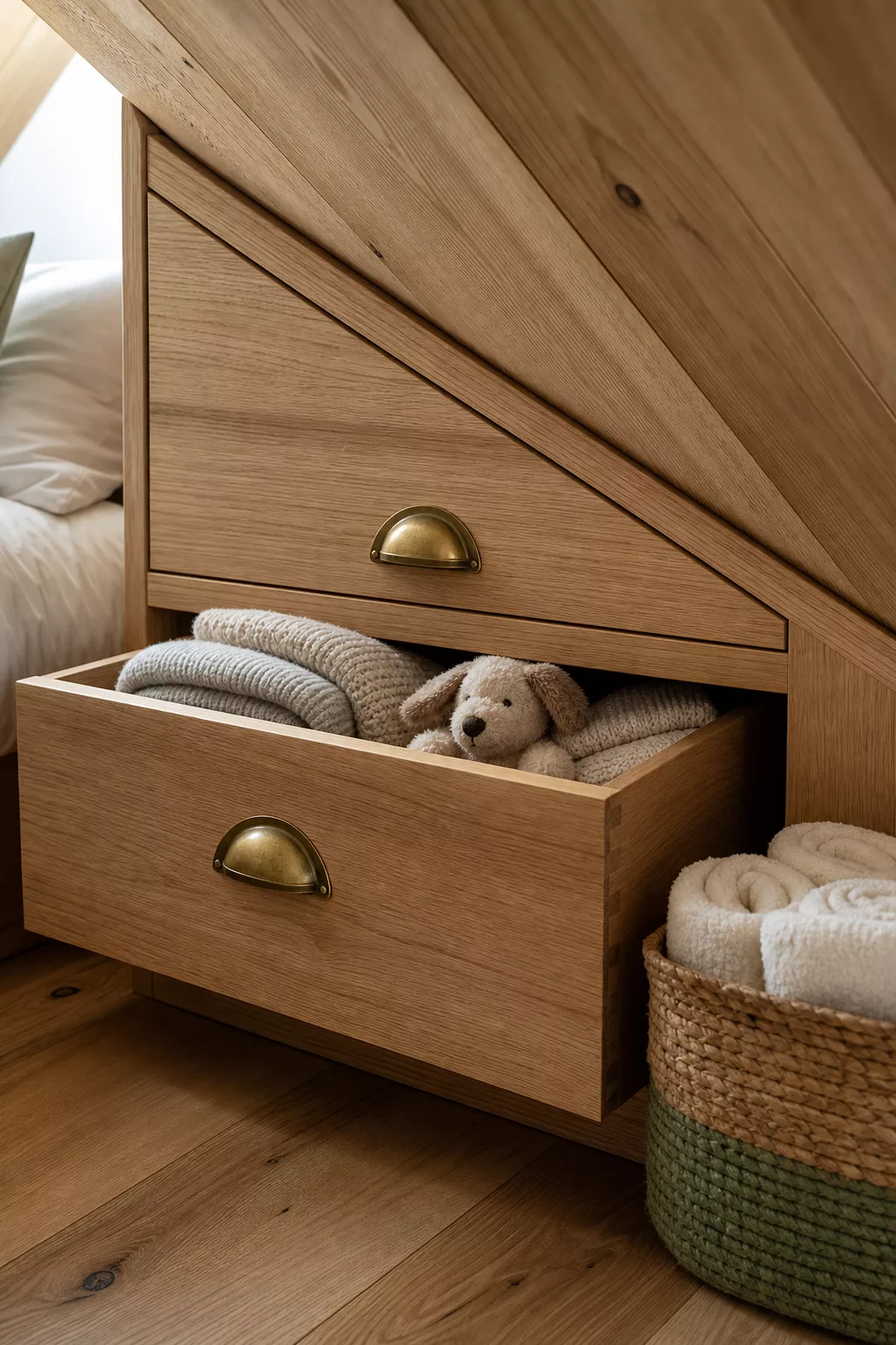 Eingebauter Stauraum unter der Dachschräge am Bett