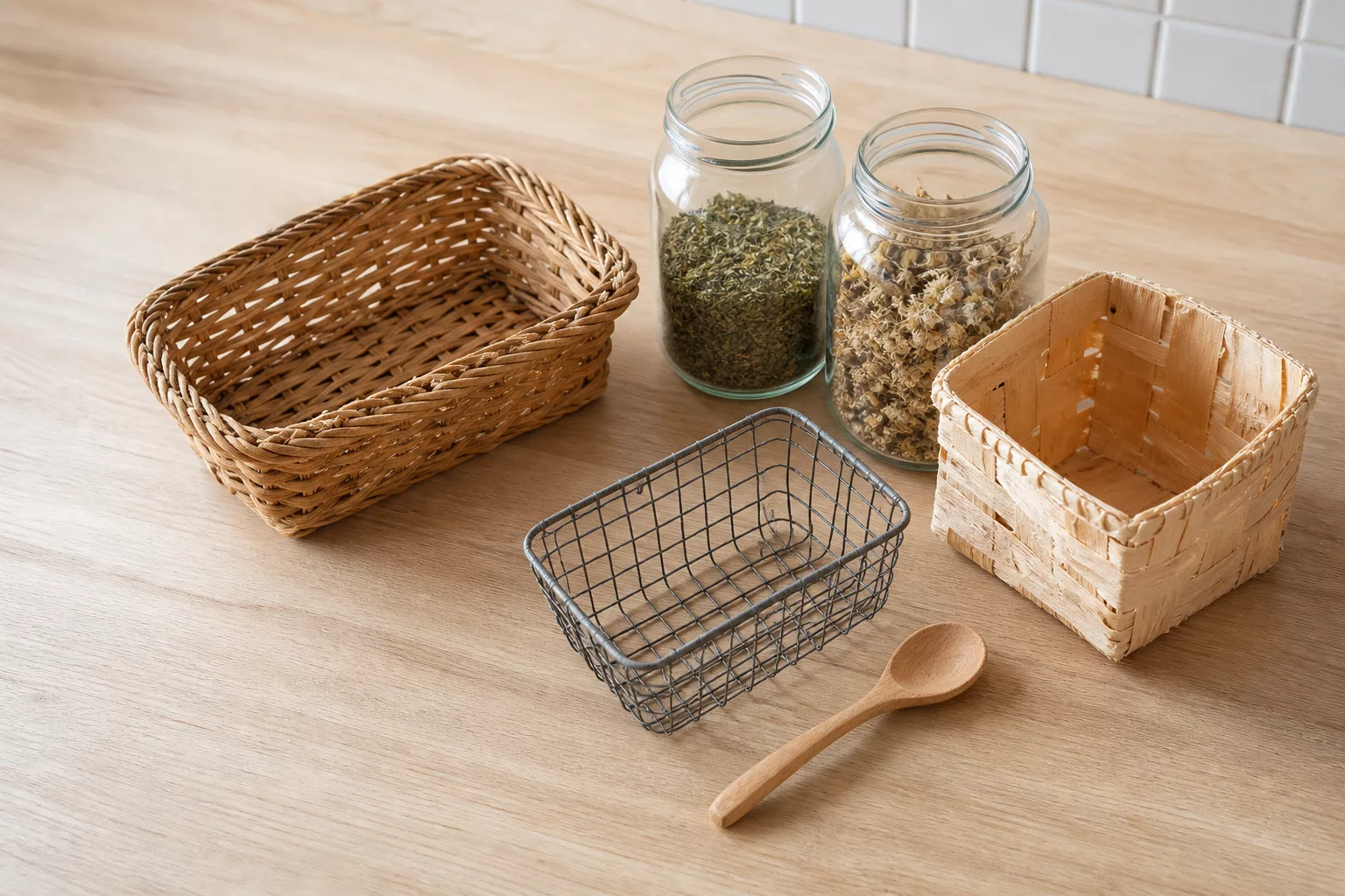Deko-Körbe und Vorratsgläser als Stauraum-Ideen für die Küche