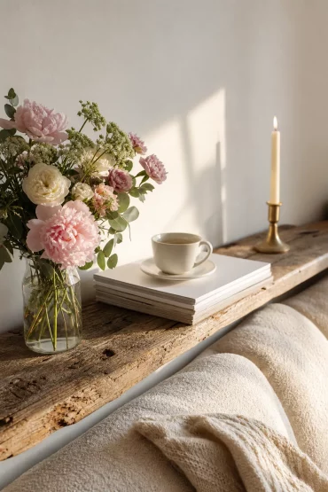 Dekorativ gestaltete Abstellfläche hinter dem Sofa mit Blumen und Büchern