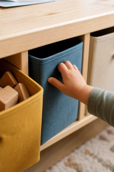 Farbige Stauraumboxen unter dem Trofast-Schreibtisch