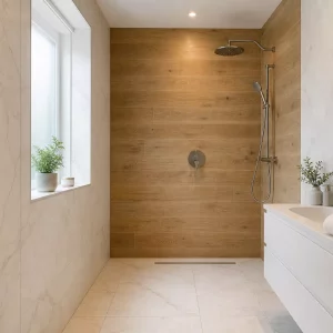 Dusche ohne Glas im kleinen Bad mit bodengleichem Duschbereich