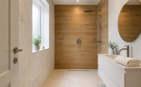 Dusche ohne Glas im kleinen Bad mit bodengleichem Duschbereich