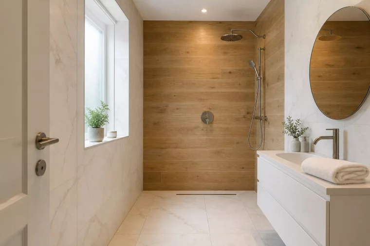 Dusche ohne Glas im kleinen Bad mit bodengleichem Duschbereich