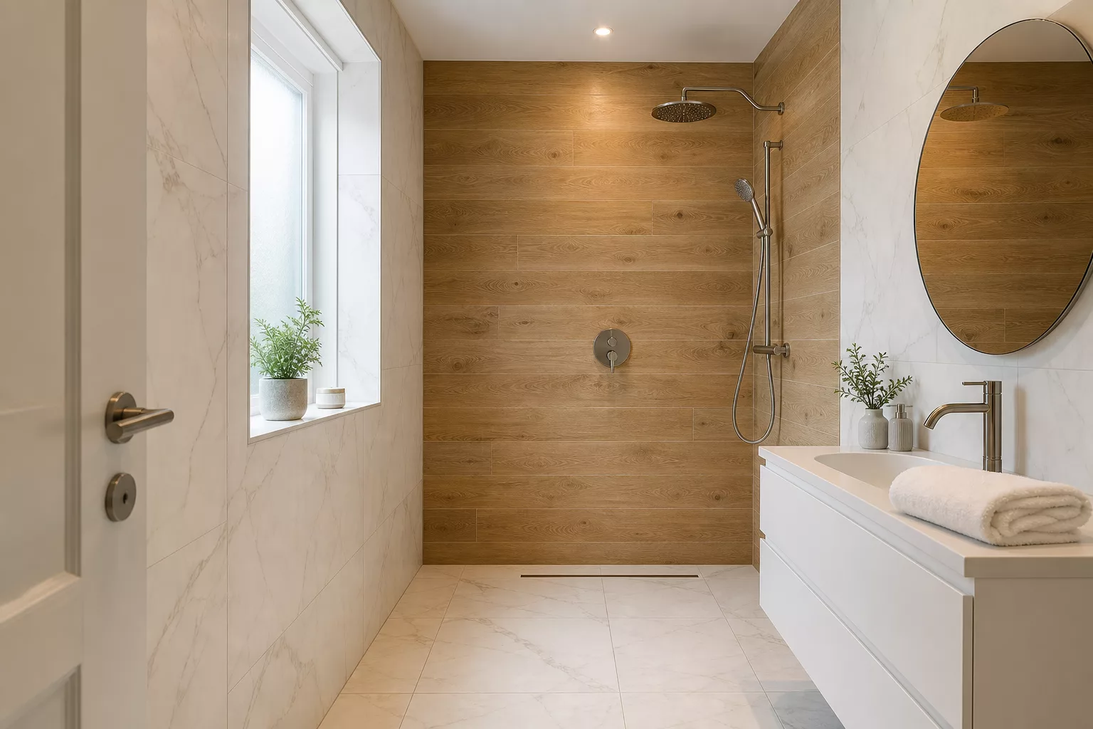Dusche ohne Glas im kleinen Bad mit bodengleichem Duschbereich