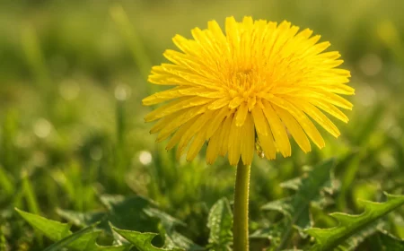 Echter Löwenzahn mit einer einzelnen gelben Blüte auf blattlosem Stängel